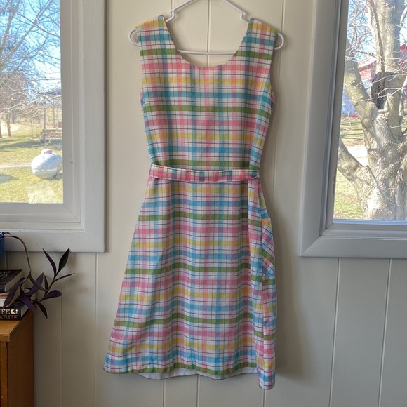 Vintage 60s Pastel Rainbow Plaid Zip Front Belted Housedress M/L - Picture 5 of 9